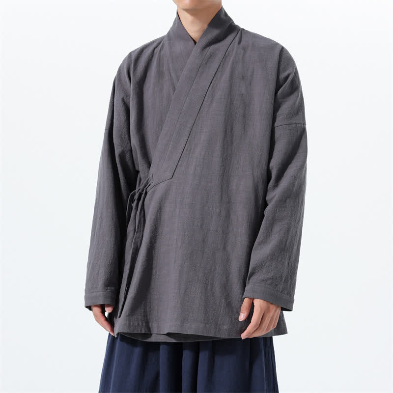 Buddha Stones Fall Winter Simple Tang Style Drawstring Solid Cotton Men's Kimono With Pocket - DimGray - US/UK/AU46，EU56 (5XL) - image 7