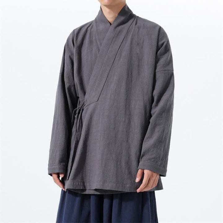Buddha Stones Fall Winter Simple Tang Style Drawstring Solid Cotton Men's Kimono With Pocket - DimGray - US/UK/AU46，EU56 (5XL) - image 7