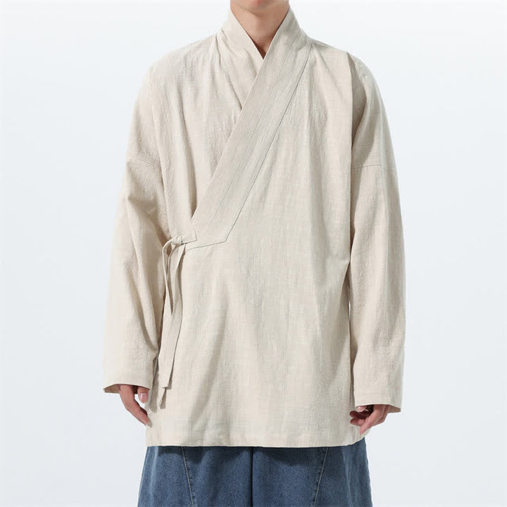 Buddha Stones Fall Winter Simple Tang Style Drawstring Solid Cotton Men's Kimono With Pocket - Beige - US/UK/AU46，EU56 (5XL) - image 17