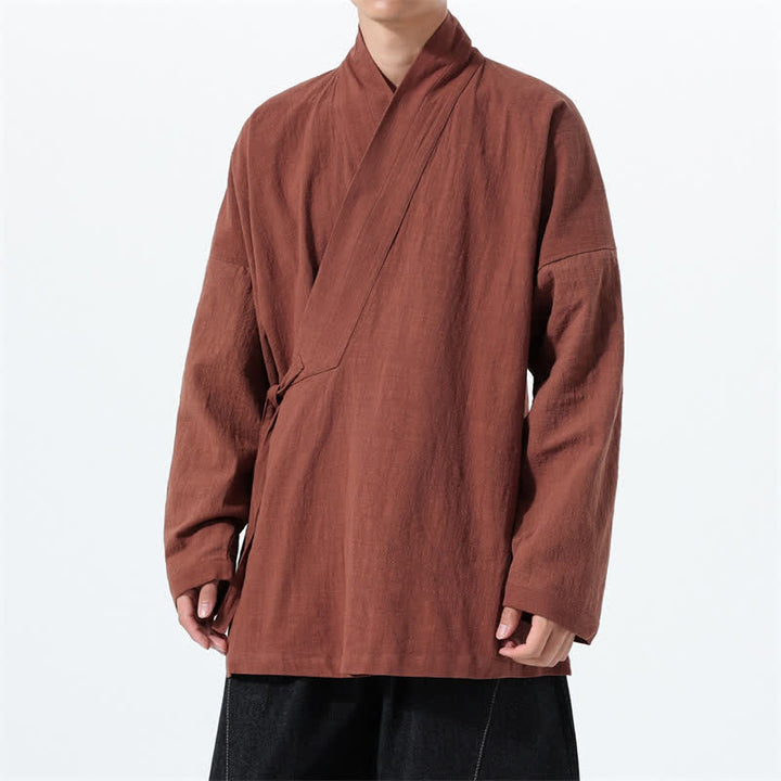 Buddha Stones Fall Winter Simple Tang Style Drawstring Solid Cotton Men's Kimono With Pocket - Sienna - US/UK/AU46，EU56 (5XL) - image 27