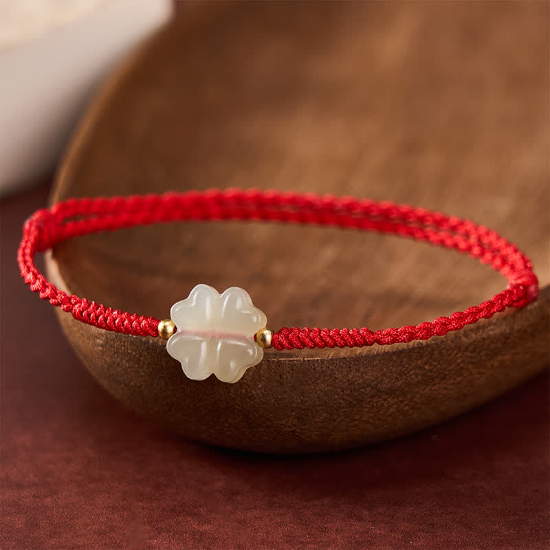 Buddha Stones Natural Hetian Jade Lucky Four-leaf Clover Bracelet - Four-leaf Clover(Wrist Circumference: 6.3-7.1 in/16-18 cm) - image 0