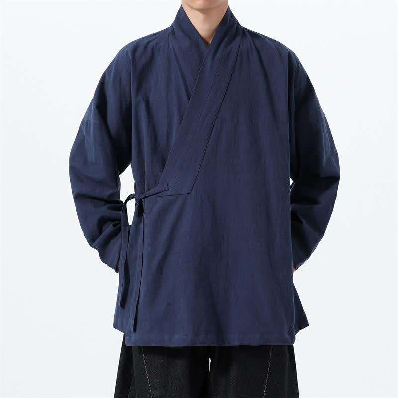 Buddha Stones Fall Winter Simple Tang Style Drawstring Solid Cotton Men's Kimono With Pocket - Navy - US/UK/AU46，EU56 (5XL) - image 0