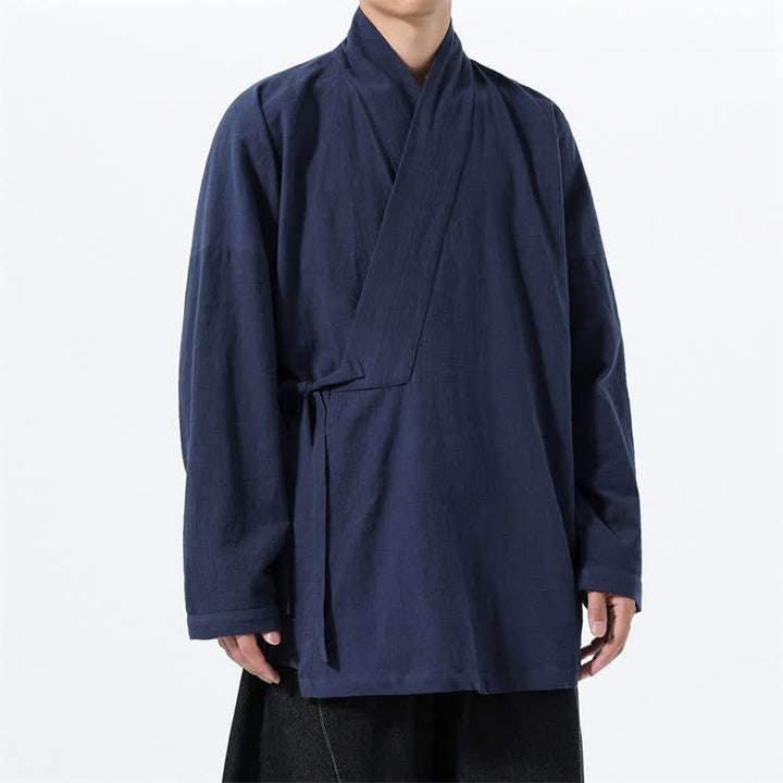 Buddha Stones Fall Winter Simple Tang Style Drawstring Solid Cotton Men's Kimono With Pocket - image 2