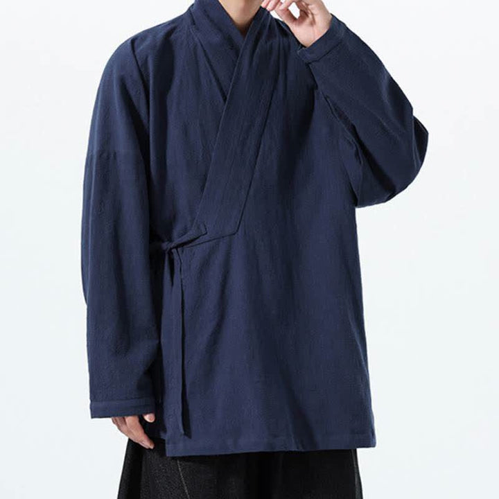 Buddha Stones Fall Winter Simple Tang Style Drawstring Solid Cotton Men's Kimono With Pocket - image 4