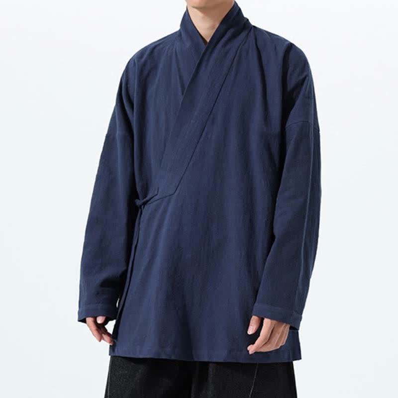 Buddha Stones Fall Winter Simple Tang Style Drawstring Solid Cotton Men's Kimono With Pocket - image 3