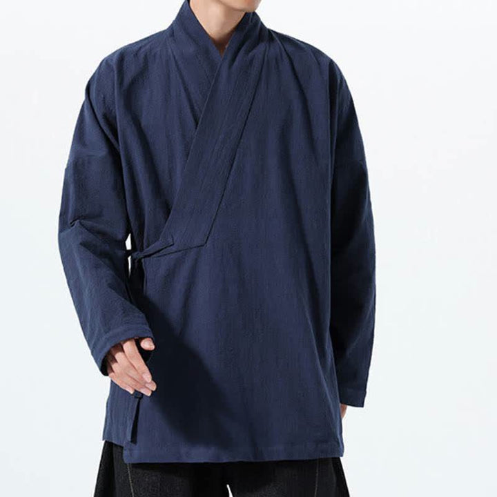 Buddha Stones Fall Winter Simple Tang Style Drawstring Solid Cotton Men's Kimono With Pocket - image 5