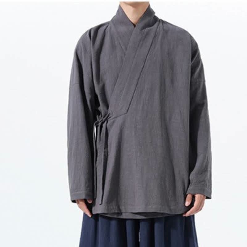 Buddha Stones Fall Winter Simple Tang Style Drawstring Solid Cotton Men's Kimono With Pocket - image 11