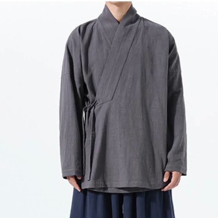 Buddha Stones Fall Winter Simple Tang Style Drawstring Solid Cotton Men's Kimono With Pocket - image 11