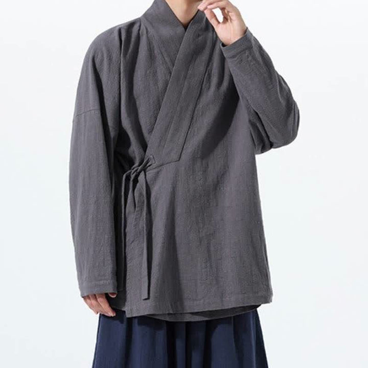 Buddha Stones Fall Winter Simple Tang Style Drawstring Solid Cotton Men's Kimono With Pocket - image 12