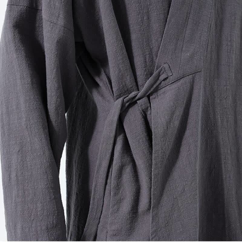 Buddha Stones Fall Winter Simple Tang Style Drawstring Solid Cotton Men's Kimono With Pocket - image 14