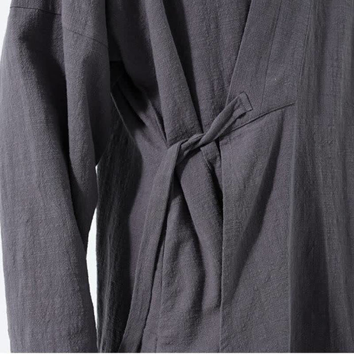 Buddha Stones Fall Winter Simple Tang Style Drawstring Solid Cotton Men's Kimono With Pocket - image 14