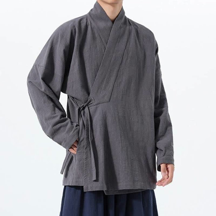 Buddha Stones Fall Winter Simple Tang Style Drawstring Solid Cotton Men's Kimono With Pocket - image 9
