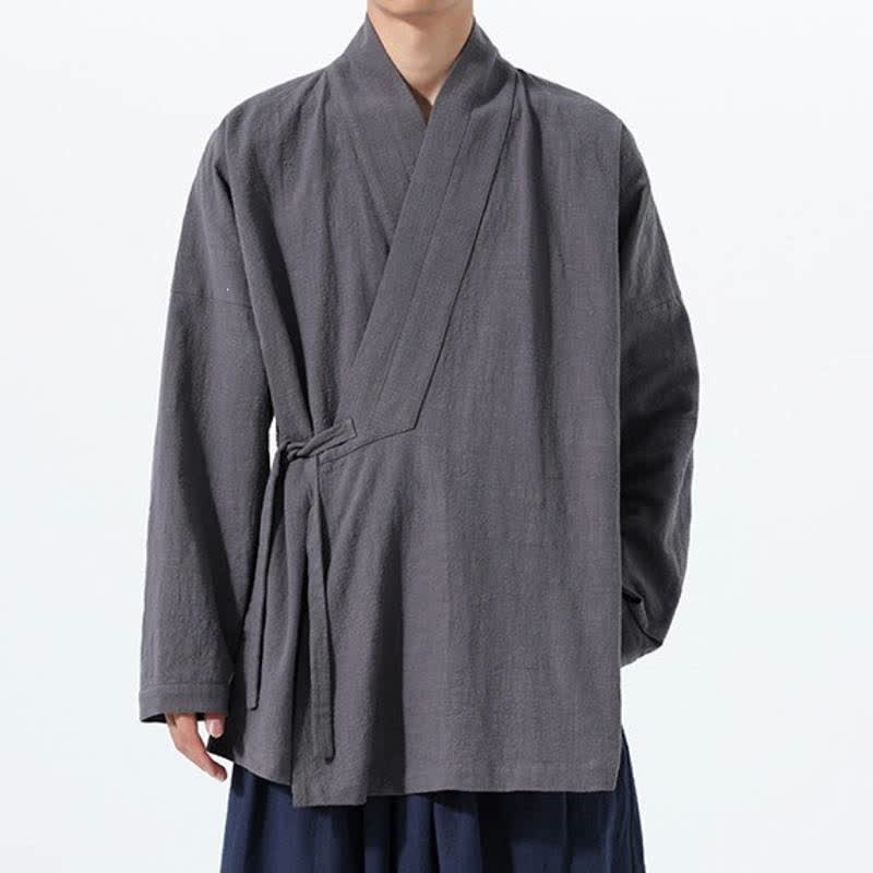 Buddha Stones Fall Winter Simple Tang Style Drawstring Solid Cotton Men's Kimono With Pocket - image 8