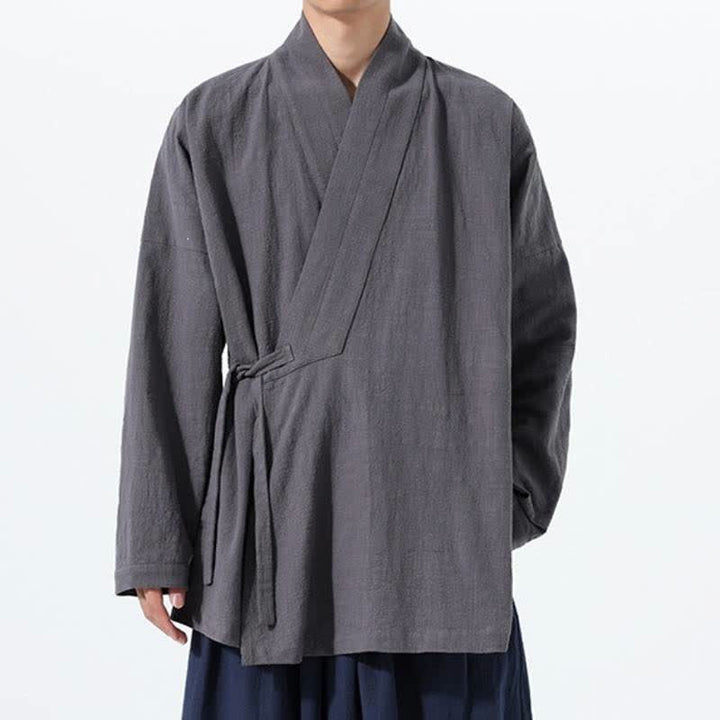 Buddha Stones Fall Winter Simple Tang Style Drawstring Solid Cotton Men's Kimono With Pocket - image 8