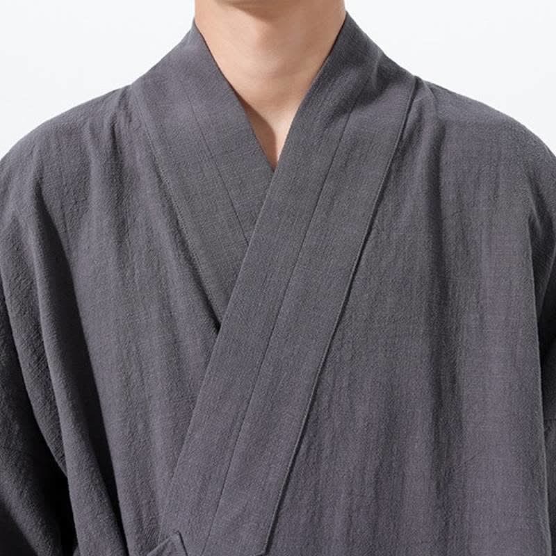 Buddha Stones Fall Winter Simple Tang Style Drawstring Solid Cotton Men's Kimono With Pocket - image 13
