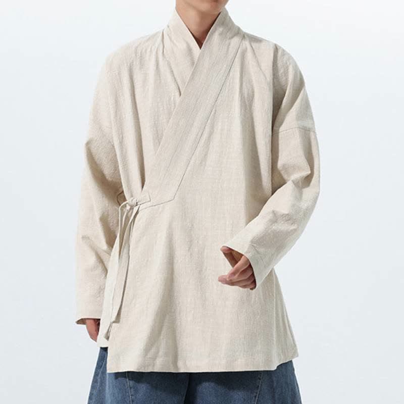 Buddha Stones Fall Winter Simple Tang Style Drawstring Solid Cotton Men's Kimono With Pocket - image 19