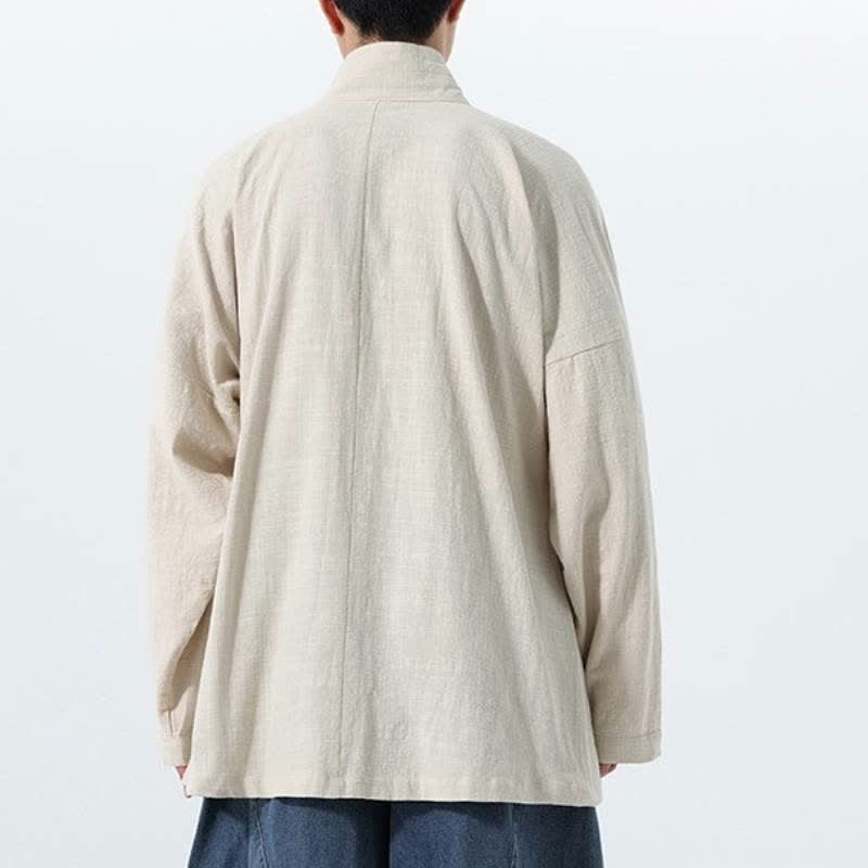 Buddha Stones Fall Winter Simple Tang Style Drawstring Solid Cotton Men's Kimono With Pocket - image 21