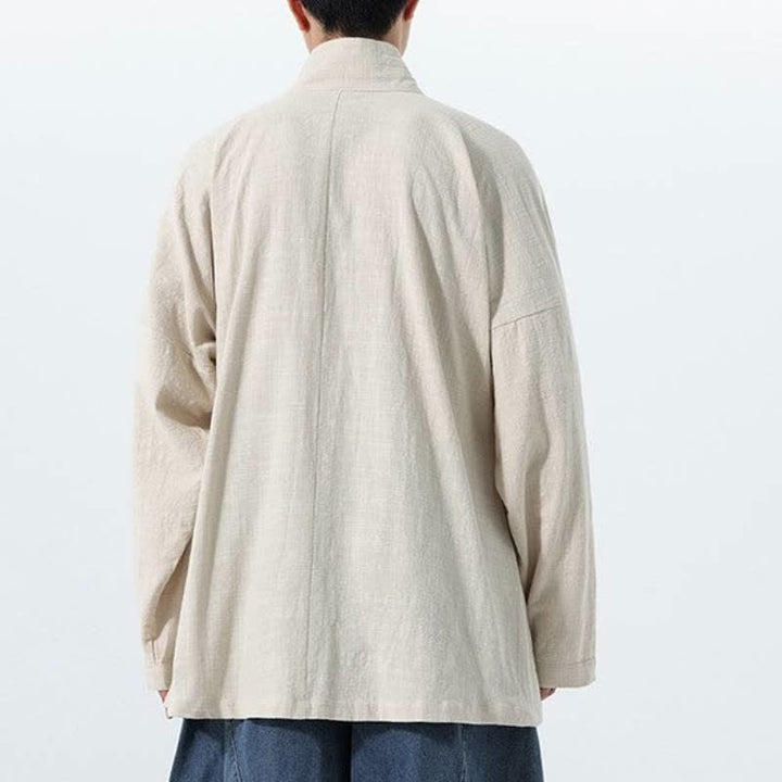 Buddha Stones Fall Winter Simple Tang Style Drawstring Solid Cotton Men's Kimono With Pocket - image 21