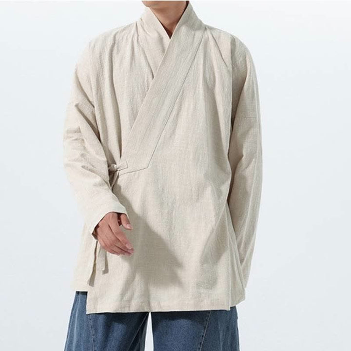 Buddha Stones Fall Winter Simple Tang Style Drawstring Solid Cotton Men's Kimono With Pocket - image 22