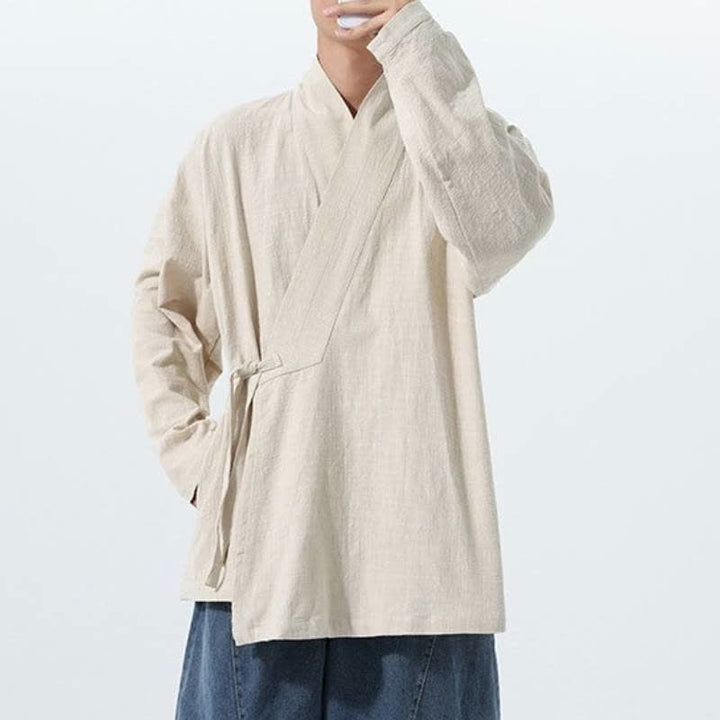 Buddha Stones Fall Winter Simple Tang Style Drawstring Solid Cotton Men's Kimono With Pocket - image 20