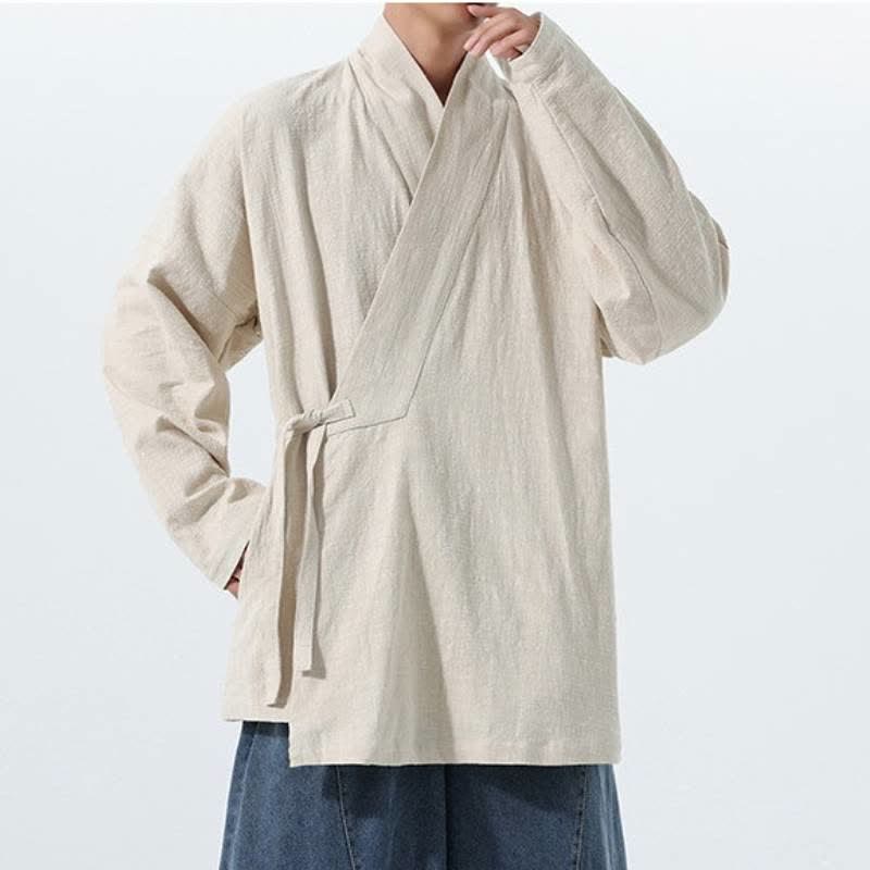 Buddha Stones Fall Winter Simple Tang Style Drawstring Solid Cotton Men's Kimono With Pocket - image 18