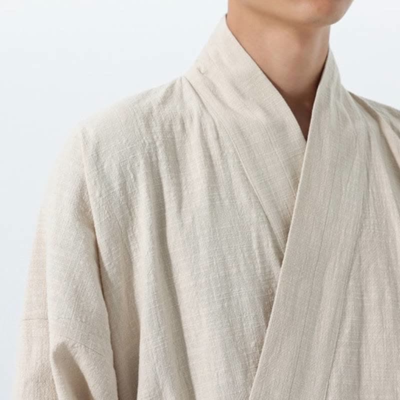 Buddha Stones Fall Winter Simple Tang Style Drawstring Solid Cotton Men's Kimono With Pocket - image 24