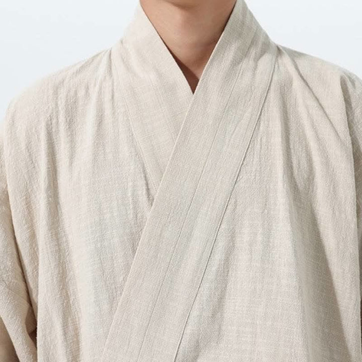 Buddha Stones Fall Winter Simple Tang Style Drawstring Solid Cotton Men's Kimono With Pocket - image 23