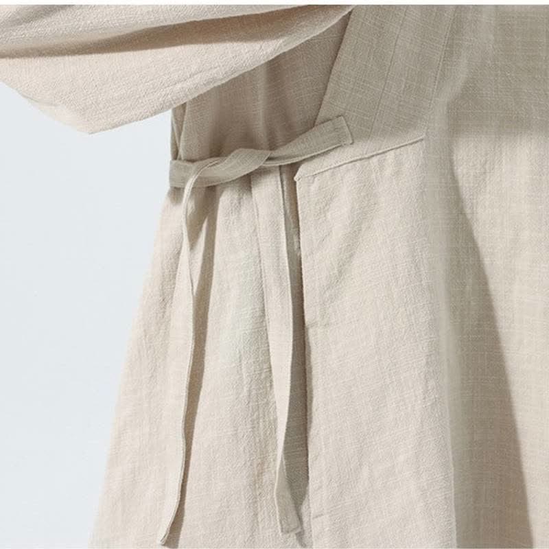Buddha Stones Fall Winter Simple Tang Style Drawstring Solid Cotton Men's Kimono With Pocket - image 25