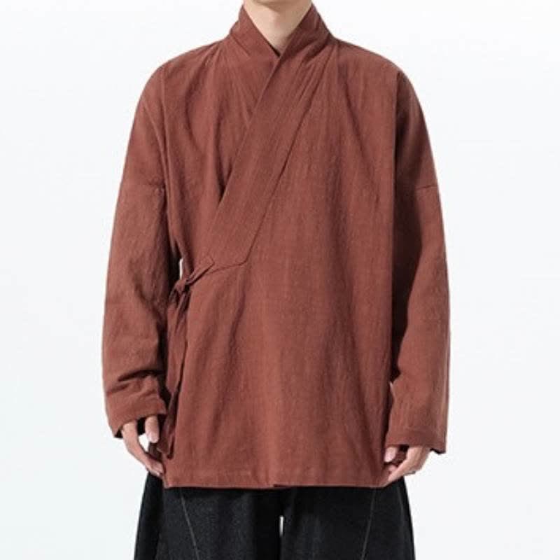 Buddha Stones Fall Winter Simple Tang Style Drawstring Solid Cotton Men's Kimono With Pocket - image 28