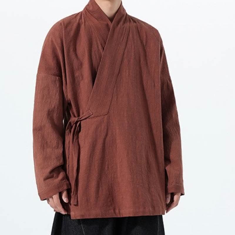 Buddha Stones Fall Winter Simple Tang Style Drawstring Solid Cotton Men's Kimono With Pocket - image 29