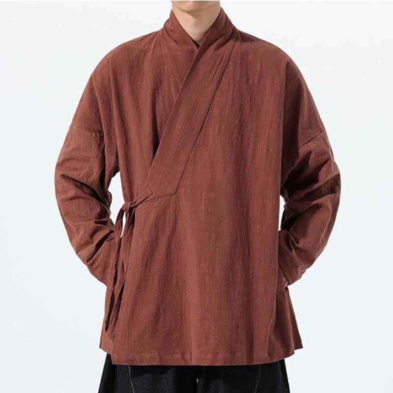 Buddha Stones Fall Winter Simple Tang Style Drawstring Solid Cotton Men's Kimono With Pocket - image 30