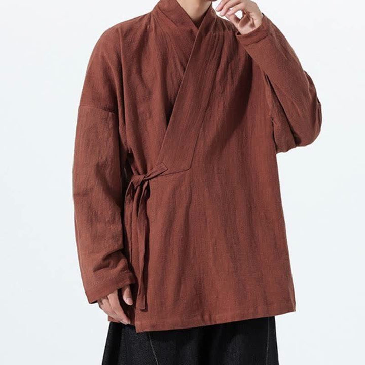 Buddha Stones Fall Winter Simple Tang Style Drawstring Solid Cotton Men's Kimono With Pocket - image 32