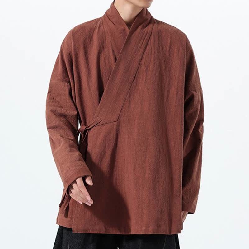 Buddha Stones Fall Winter Simple Tang Style Drawstring Solid Cotton Men's Kimono With Pocket - image 31