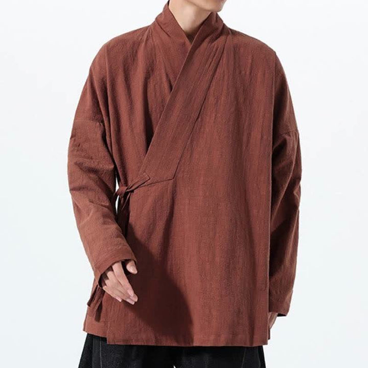 Buddha Stones Fall Winter Simple Tang Style Drawstring Solid Cotton Men's Kimono With Pocket - image 31