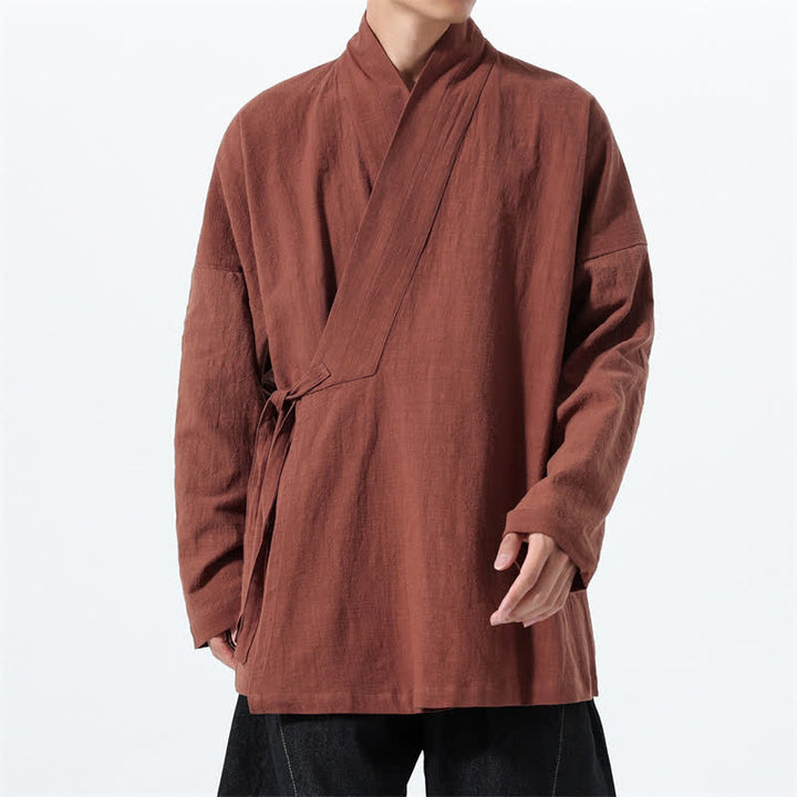 Buddha Stones Fall Winter Simple Tang Style Drawstring Solid Cotton Men's Kimono With Pocket - image 33