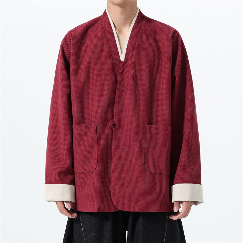 Buddha Stones Fall Casual Tang Style Frog Button V-Neck Solid Men's Jacket With Pockets - Maroon - US/UK/AU46，EU56 (5XL) - image 0