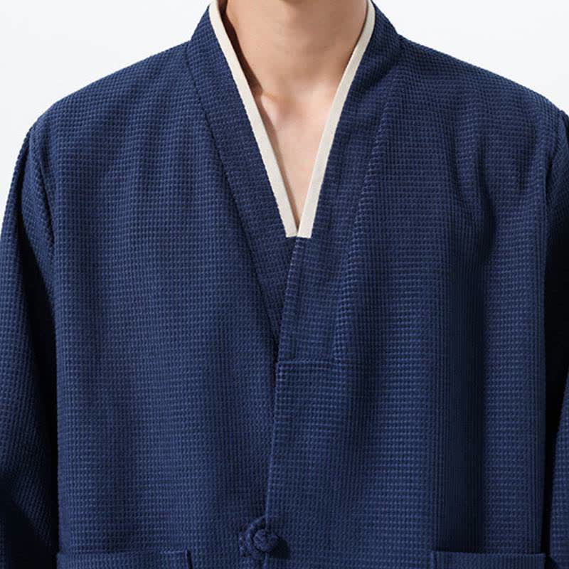 Buddha Stones Fall Casual Tang Style Frog Button V-Neck Solid Men's Jacket With Pockets - image 15