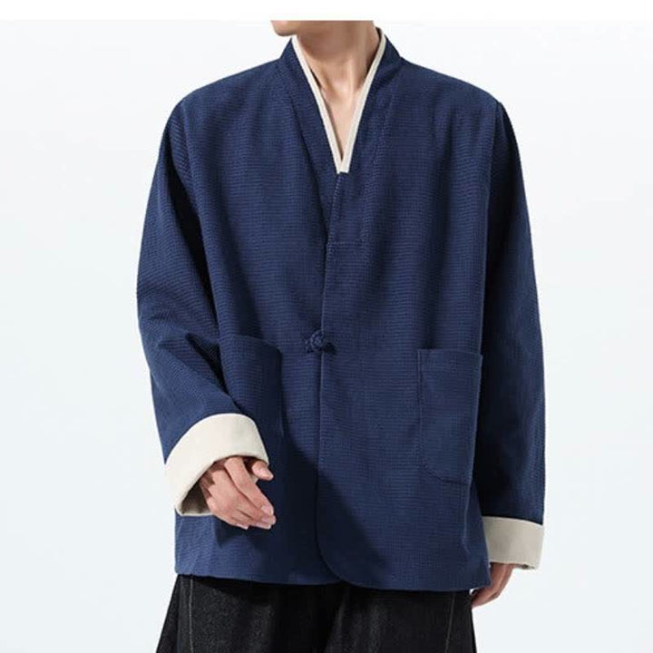 Buddha Stones Fall Casual Tang Style Frog Button V-Neck Solid Men's Jacket With Pockets - image 10