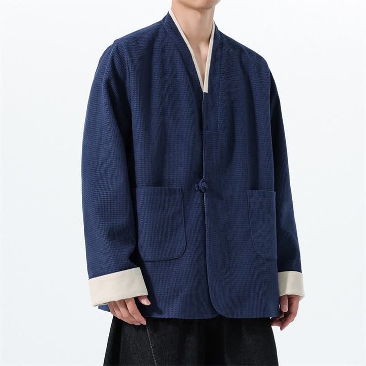 Buddha Stones Fall Casual Tang Style Frog Button V-Neck Solid Men's Jacket With Pockets - image 12