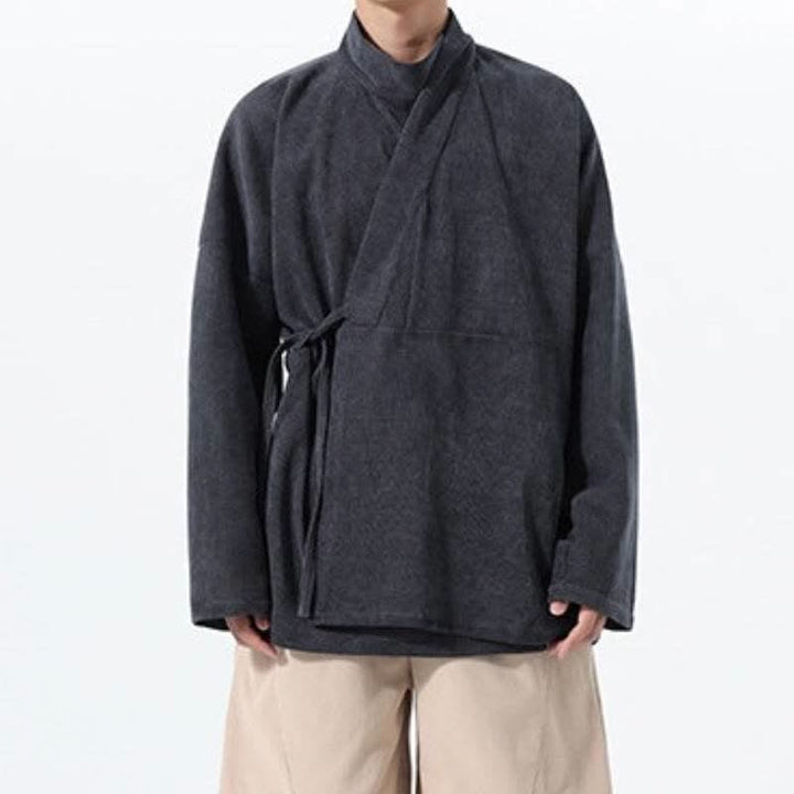 Buddha Stones Fall Winter Casual Tang Style Mandarin Collar Solid Men's Kimono With Pocket - image 13