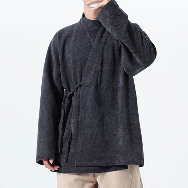 Buddha Stones Fall Winter Casual Tang Style Mandarin Collar Solid Men's Kimono With Pocket - image 10
