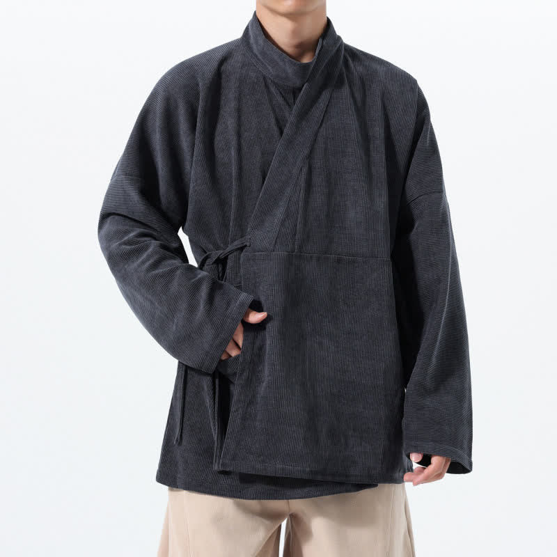 Buddha Stones Fall Winter Casual Tang Style Mandarin Collar Solid Men's Kimono With Pocket - DimGray - US/UK/AU46，EU56 (5XL) - image 7