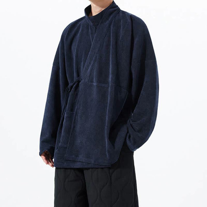 Buddha Stones Fall Winter Casual Tang Style Mandarin Collar Solid Men's Kimono With Pocket - image 20