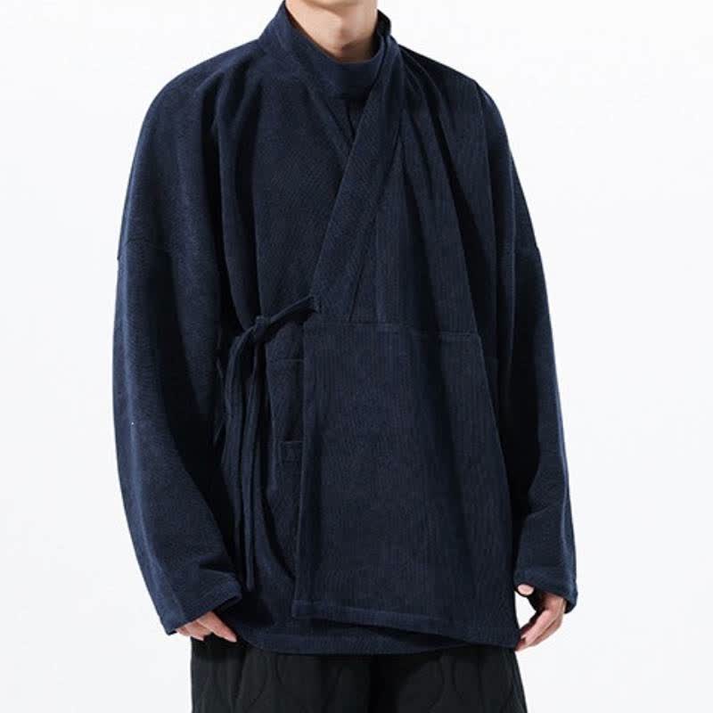 Buddha Stones Fall Winter Casual Tang Style Mandarin Collar Solid Men's Kimono With Pocket - Navy - US/UK/AU46，EU56 (5XL) - image 15