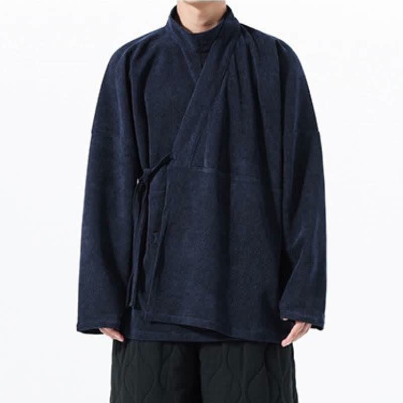 Buddha Stones Fall Winter Casual Tang Style Mandarin Collar Solid Men's Kimono With Pocket - image 21