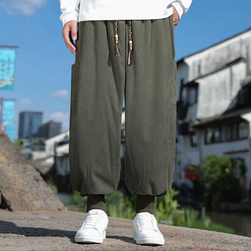 Buddha Stones Fall Winter Casual Vintage Drawstring Solid Ankle Pants Men's Tapered Pants With Pockets - image 1