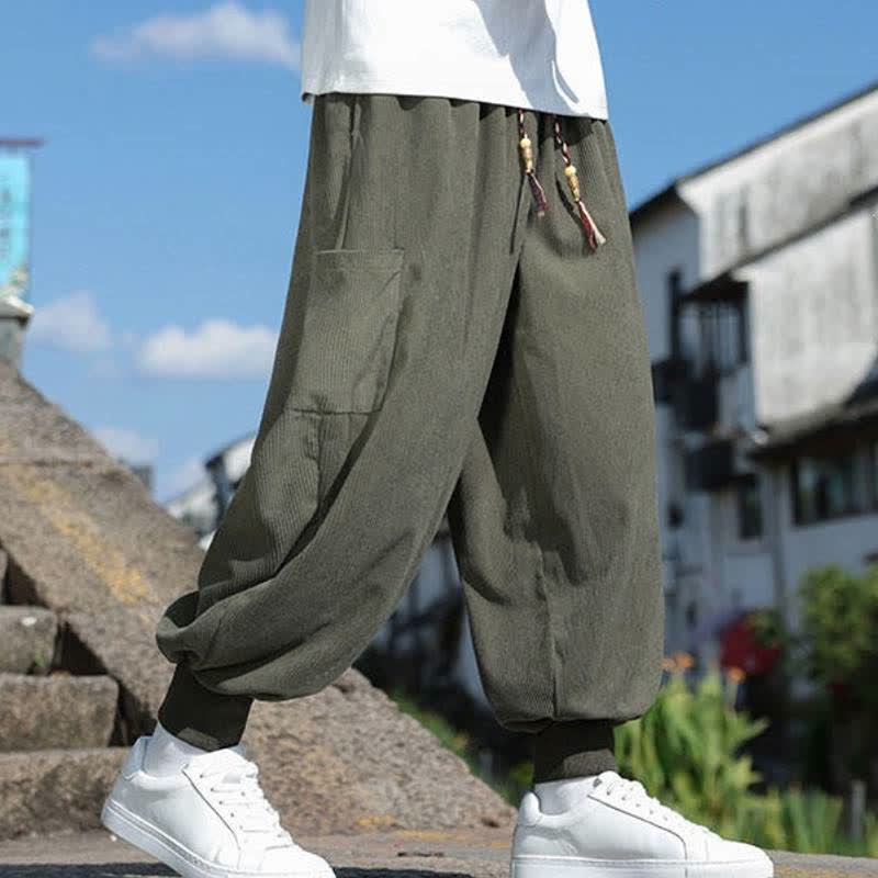 Buddha Stones Fall Winter Casual Vintage Drawstring Solid Ankle Pants Men's Tapered Pants With Pockets - image 2