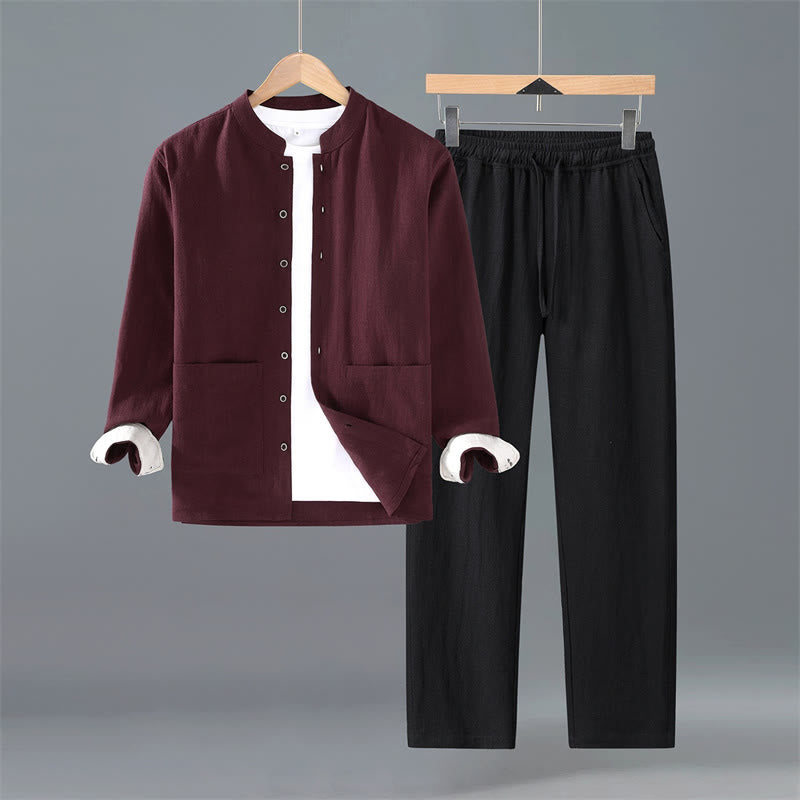 Buddha Stones Spring Fall Tang Style Minimalist Button-Up Solid Ramie Long Sleeve Shirt Pants Men's Meditation Cloth With Pockets - Maroon Shirt Black Pants - US/UK/AU42，EU52 (3XL) - image 11