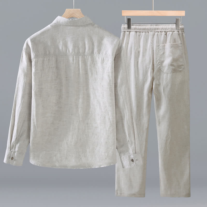 Buddha Stones Spring Fall Casual Minimalist Button-Up Long Sleeve Shirt Drawstring Pants Solid Men's Meditation Cloth With Pocket - image 2