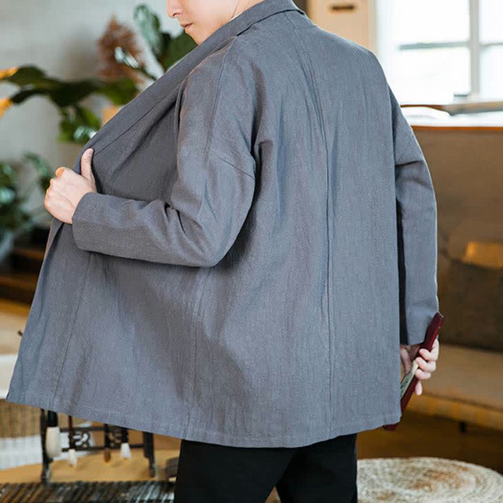 Buddha Stones Fall Winter Casual Tang Style Solid Cotton Long Sleeve Men's Kimonos - image 2